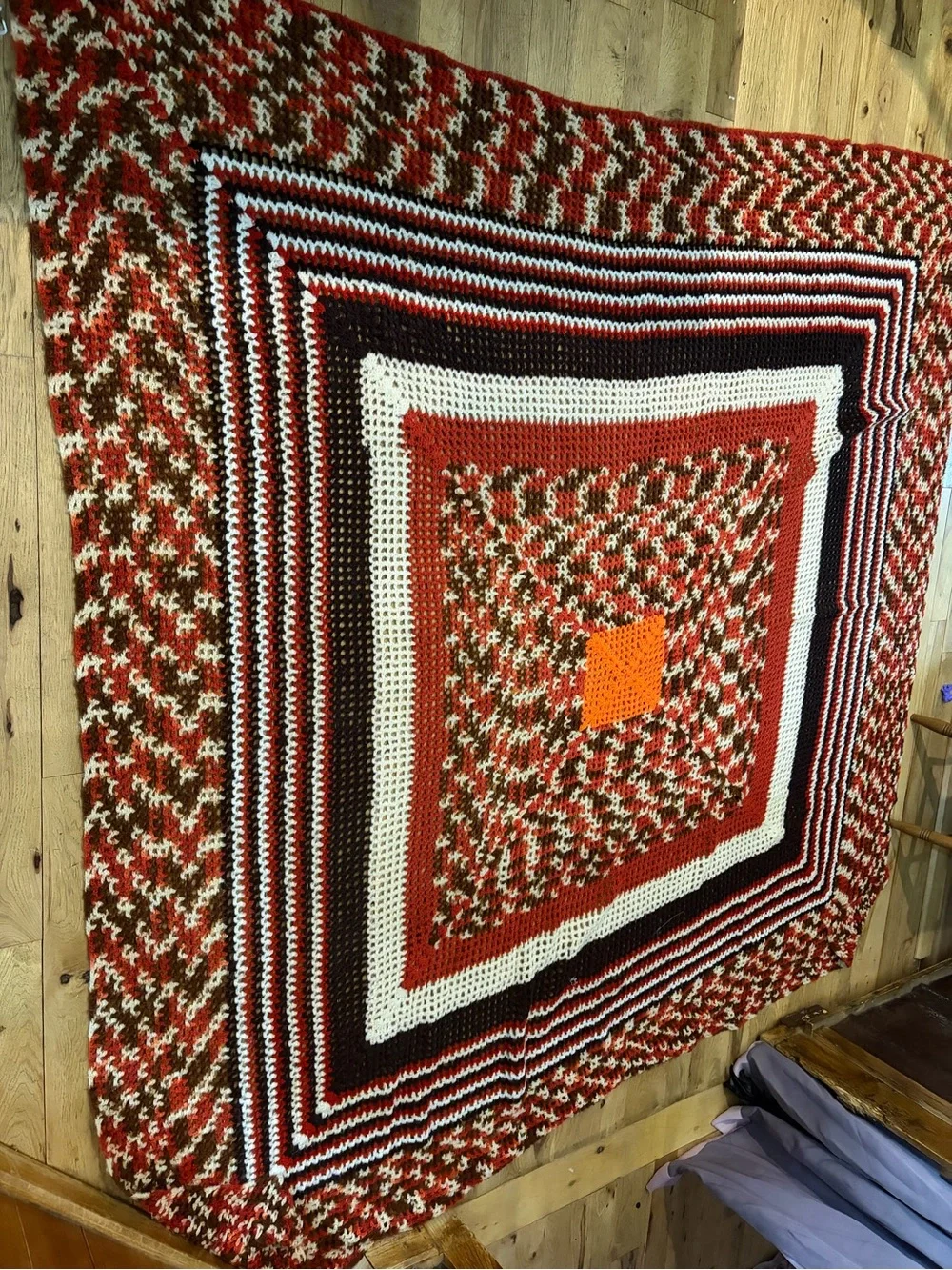 Handmade burnt orange, White & Brown Crochet Blanket - Cozy Home Bedding